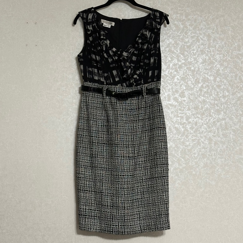Kay Unger Knee Length Sheath Dress Black White Sleeveless Silk & Wool Blend Sz 8